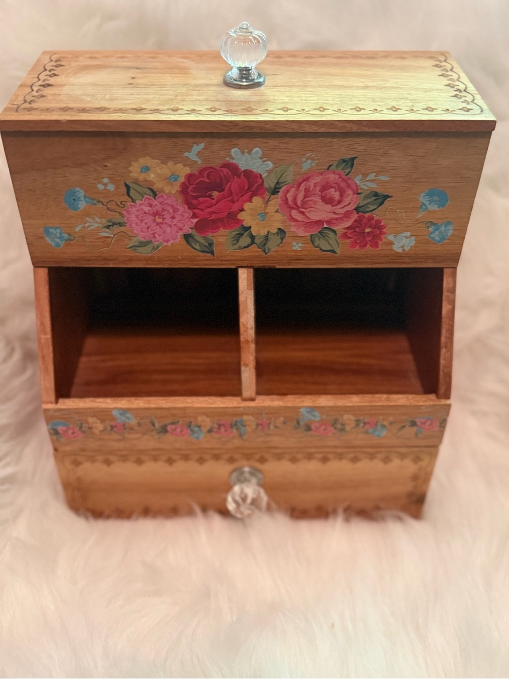 Pioneer Woman Hand-Painted Floral Wooden Storage Box - Natural Wood and Pink